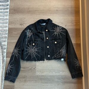 Zara Cropped Black Denim Spider Web Jacket